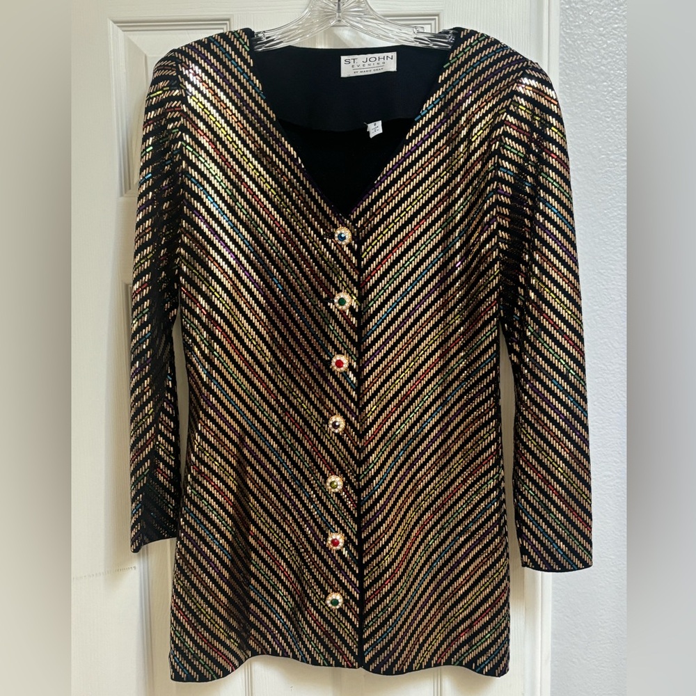 St. John Evening Women's 8 Gold Rainbow Paillettes Jacket Silk Edge Skirt